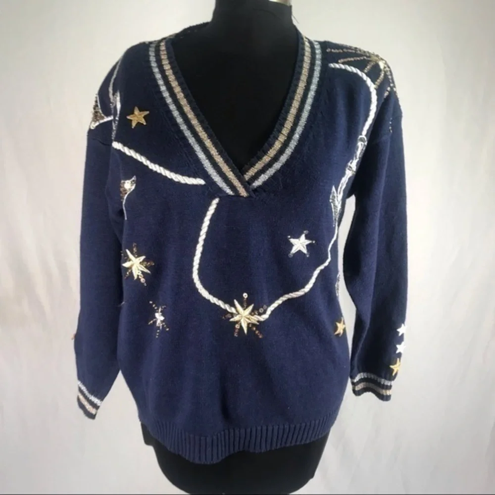80’s Vintage ‘Joyce’ Nautical Theme Embellished V-Neck Sweater